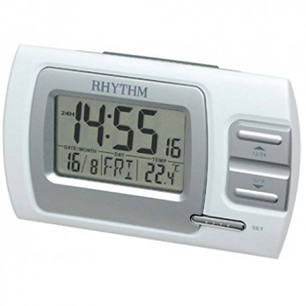 Rhythm LCD Clock Beep Alarm,Calendar,Thermometer,12-24 Hour Change,7 languages of Weekdays Display Selectable(Eng/Ger/Fre/Spa/Ita/Dut/Den) Digital 